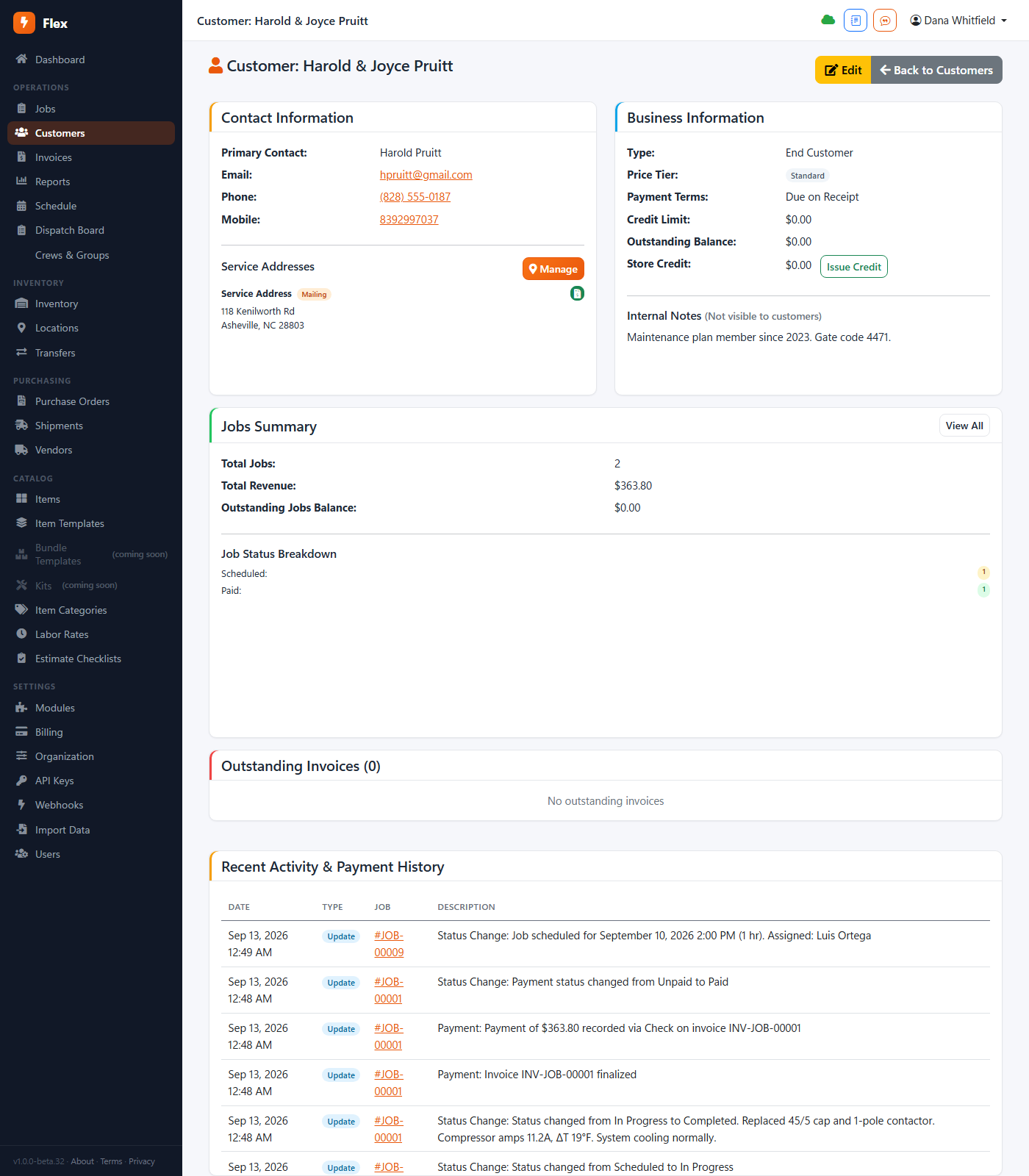Customer detail page with job history and balance