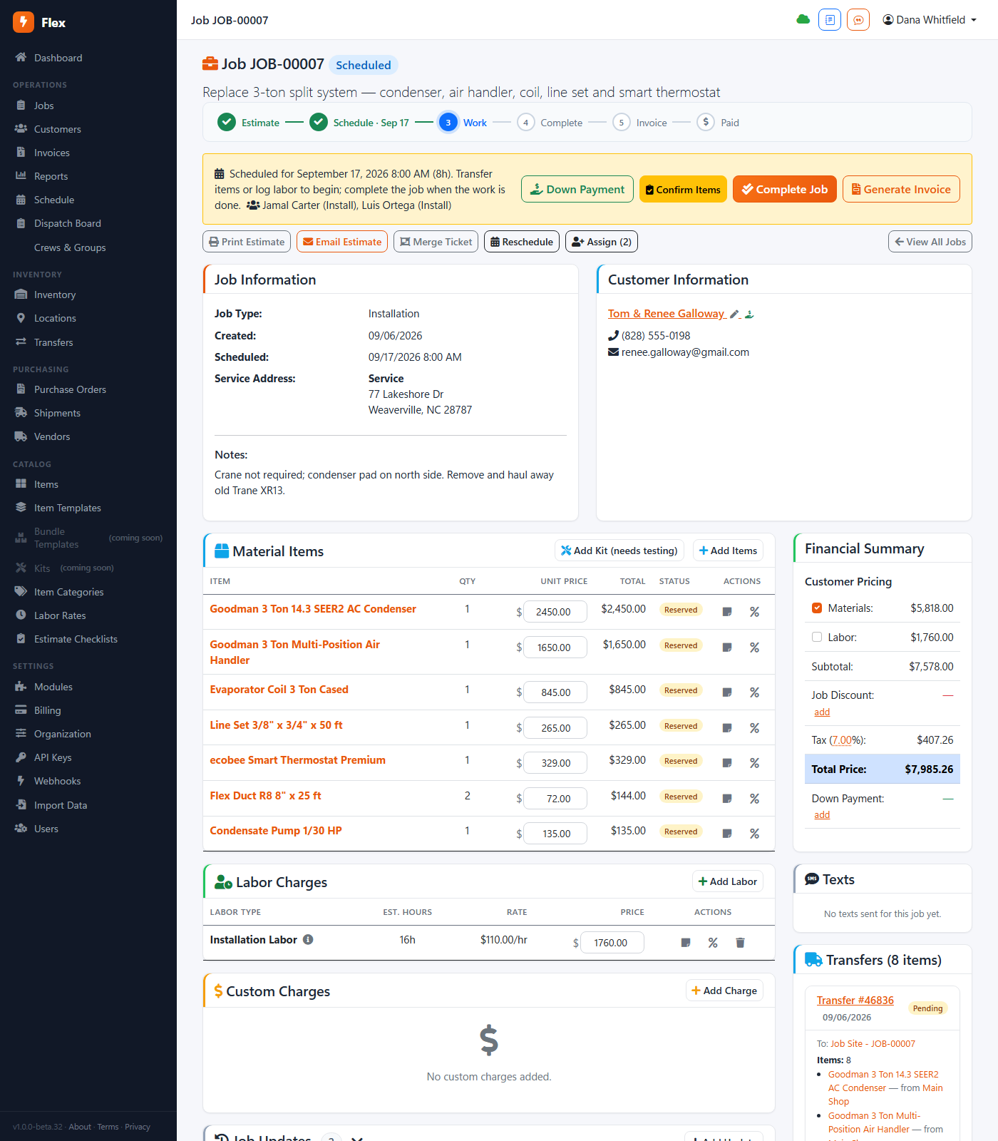 Job detail page with line items and financial summary
