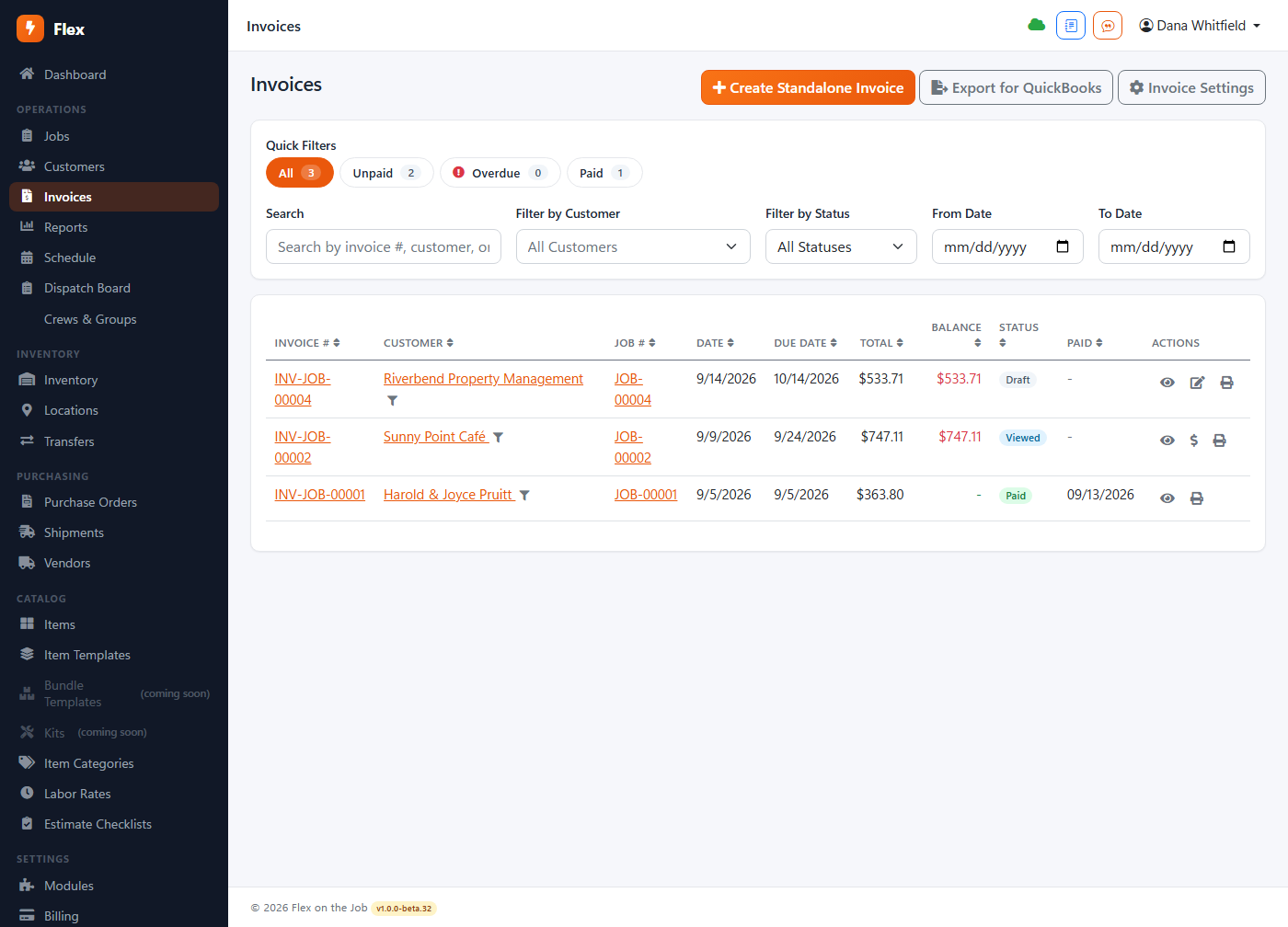 Invoice list with statuses and ages